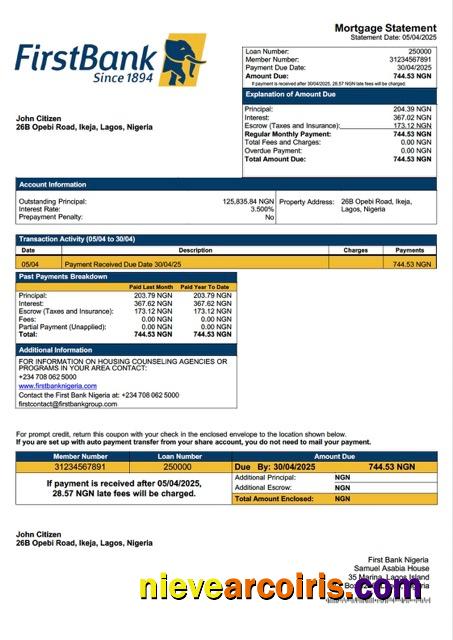 Nigeria First Bank Nigeria mortgage statement Word and PDF template